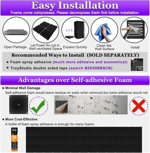 TroyStudio Thick Acoustic Foam Panels, 12 X 12 X 3 Inch 4 Pcs Broadband Sound Absorbing Foam, Dense Soundproof Padding Tile, Recording Studio Foam Absorber, Eggcrate Decorative 3D Wall Ceiling Panel in Saudi Arabia