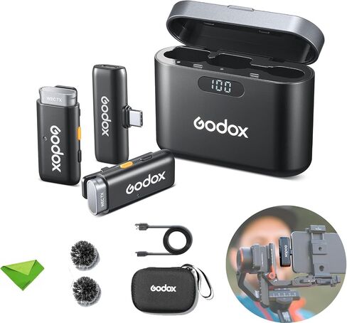 Godox WES2 Kit2 2.4GHz Wireless Microphones, 8H Battery Life, 2.4G Wireless Mic, 200m(656ft.) Range, APP Control for Smartphone for TikTok, YouTube, Vlogs, Interview (Dual-Channel Kit USB-C Version) in Saudi Arabia