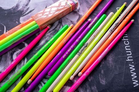 6-sticks(Assorted),HUN Neon UV Glow Drum Stick, 5A Drum Stick, Hickory Drum Stick, for Acoustic or Electronic Drum, wood drumstick glow under black light on stage,not a plastic stick glow in dark. in Kuwait