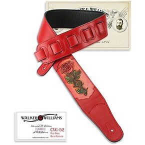 Walker & Williams CVG-52 Padded Red Leather Strap Hand Tooled Leather Rose Design For Acoustic, Electric, And Bass Guitars