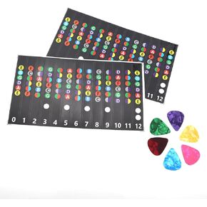 Guitar Scale Fretboard Stickers 2PCS Beginner Instrument Marker Stickers Coded Fret Decal Tool 6PCS Heart Shaped String Plectrums 0.5mm Folk Bass Scale Stickers Black