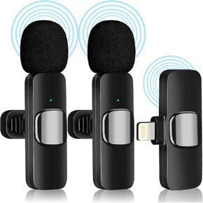 Wireless Lavalier Microphone, Mini Lapel Microphone with Omnidirectional Pickup, Double Noise Cancellation, Rechargeable Transmitter and Receiver, Ideal for iPhone and iPad
