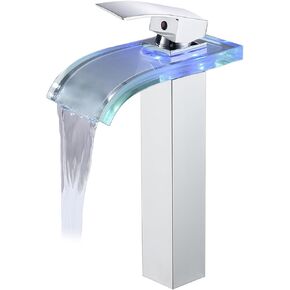 Qeemee LED Bathroom Vessel Faucet, Tall Waterfall Single Handle One Hole Lavatory Sink Bowl Mixer Tap, Deck Mount Mixer Tap Faucet (Matte Black)