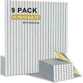 9 Pack Bilayer Acoustic Panels Large Self-Adhesive, 15.75x12.6x0.72" Adhesive Wall Panel, Large Soundproof Tiles for Echo Absorbtion, Acoustical Barrier of Polyester Fiber (White)