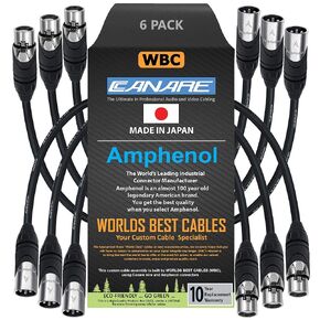 WORLDS BEST CABLES 6 Units - 6 Inch - Canare L-4E6S, Star Quad Balanced Male to Female Microphone Cables with Amphenol AX3M & AX3F Silver XLR Connectors - Custom Made