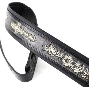 Walker and Williams KB-02-BLK Handmade Distressed Black Carving Leather Padded Guitar Strap With Floral Skull & Christian Cross For Acoustic, Electric And Bass Guitars
