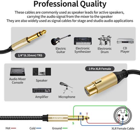XLR أنثى إلى 1/4 بوصة (6.35 مم) ذكر 16 قدم/5 متر TRS كابل متوازن XLR إلى ربع بوصة جاك تصحيح الحبل لمكبر الصوت والميكروفون in Saudi Arabia