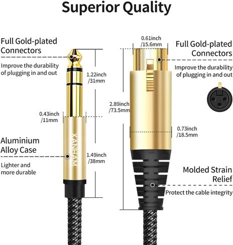 XLR أنثى إلى 1/4 بوصة (6.35 مم) ذكر 16 قدم/5 متر TRS كابل متوازن XLR إلى ربع بوصة جاك تصحيح الحبل لمكبر الصوت والميكروفون in Saudi Arabia