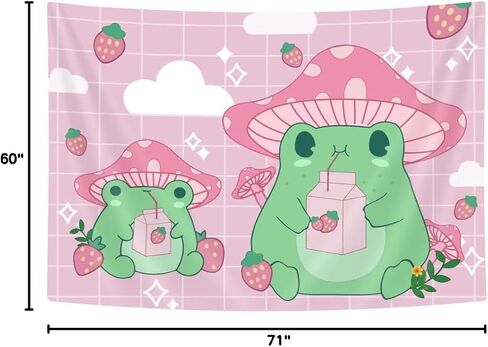 Bzhilja Frog Mushroom Strawberry Tapestry, pink cute room decor Aesthetic Wall Hanging Bedding Aesthetic Tapestry, Room Decor for Girls Bedroom Funny Living Room Home Decor (60ʺ x 40ʺ, Pink) in Saudi Arabia