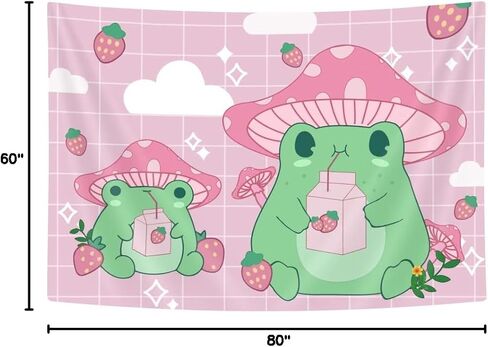 Bzhilja Frog Mushroom Strawberry Tapestry, pink cute room decor Aesthetic Wall Hanging Bedding Aesthetic Tapestry, Room Decor for Girls Bedroom Funny Living Room Home Decor (60ʺ x 40ʺ, Pink) in Saudi Arabia