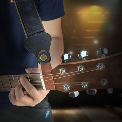 Guitar Neck Strap Leather Headstock strap Guitar Straps Lock Button Rubber Acoustic Electric Strap Blocks Accessories (Black) in Saudi Arabia