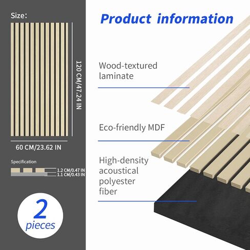 Luxdecor Acoustic Wood Slat Wall Panels for Wall 2pack Wood Slat Panels for Wall 47.2"x23.6" Wooden Acoustic Venner Panels 3D, Fluted Wall Slat Panels 0.82"in in Saudi Arabia