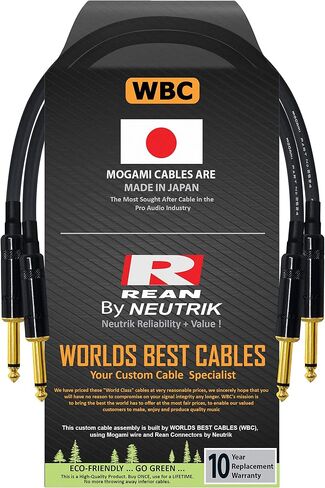 WORLDS BEST CABLES 2 Units - 12 Inch -Pedal, Effects, Patch, Guitar Instrument Cable Custom Made Made Using Mogami 2524 Wire and Neutrik-Rean NYS224BG Gold ¼ inch (6.35mm) TS Plugs in Saudi Arabia