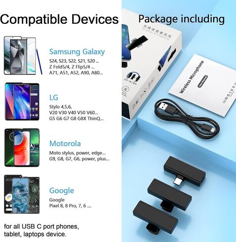 ميكروفونات FiveBox اللاسلكية Lavalier، منفذ USB C، ميكروفون صغير على شكل طية صدر السترة لهاتف iPhone 15 Pro/Max/Plus، Samsung Galaxy S24 S23 S22 S21 Ultra FE 5G، ميكروفونو للهاتف الخلوي لإجراء مقابلة مع مدونة فيديو للبث المباشر in Kuwait
