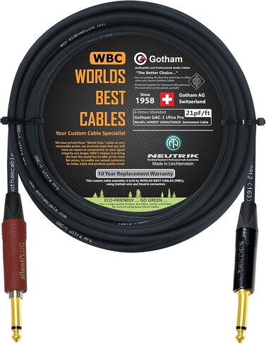 20 Foot - Gotham GAC-1 Ultra Pro - Premium Low-Cap (21 pf/F) Guitar Bass Instrument Cable w/Neutrik Gold Straight to Straight (Silent Plug) ¼ inch (6.35mm) TS Plugs- Custom Made by WORLDS BEST CABLES in Saudi Arabia