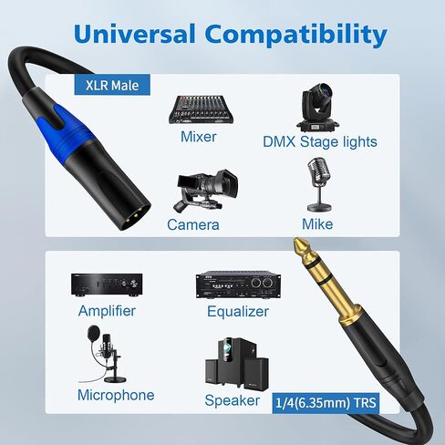XLR ذكر إلى 1/4 بوصة (6.35 مم) كابل توصيل TRS جاك الرصاص المتوازن للإشارة XLR إلى كابل تصحيح ربع بوصة - 4 أقدام in Kuwait