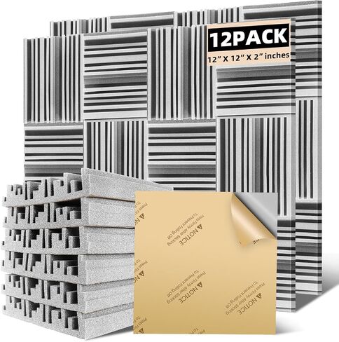 Acoustic Foam panels,Self-Adhesive Sound Absorbing Panels,12 X 12 X 2 inches High Density Sound-Absorbing and Noise-Canceling Block Cotton for Studio Recording & Office & Home (Pack of 12,Gray) in Saudi Arabia