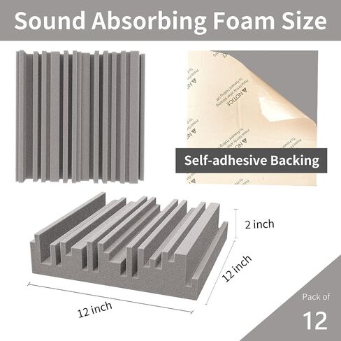 Acoustic Foam panels,Self-Adhesive Sound Absorbing Panels,12 X 12 X 2 inches High Density Sound-Absorbing and Noise-Canceling Block Cotton for Studio Recording & Office & Home (Pack of 12,Gray) in Saudi Arabia