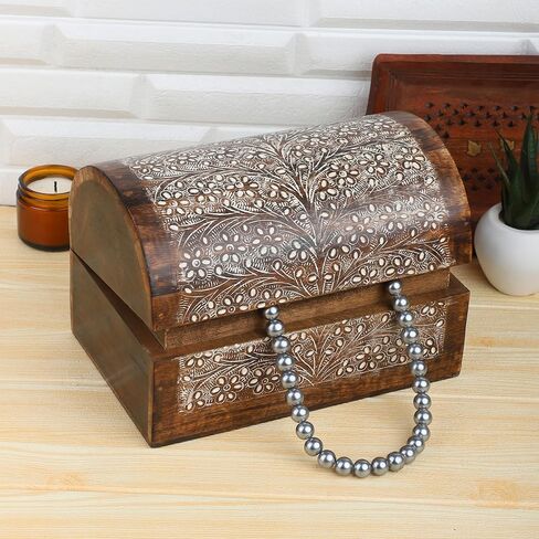 Ajuny Handcrafted Decorative Jewelry Box Beautifully Tree Of Life Design Carving Wooden Treasure Chest Jewellery Storage Boxes Organizer Trinket keepsake Holder Watch Box, Great for Gifts - 9x6 Inch in Saudi Arabia