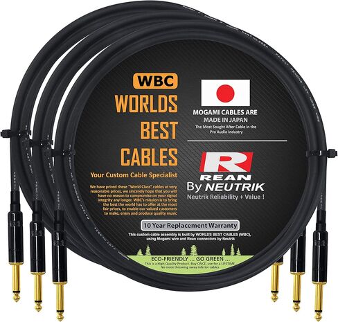 WORLDS BEST CABLES 3 Units - 2.5 Foot -Pedal, Effects, Patch, Guitar Instrument Cable Custom Made Made Using Mogami 2524 Wire and Neutrik-Rean NYS224BG Gold ¼ inch (6.35mm) TS Plugs in Saudi Arabia