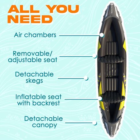 KP Inflatable Kayak 2 Person with Sun Canopy (Detachable) + Kayaks for Adults + 3rd Seat for Dog/Child + Waterproof Phone Bags + Adjustable Seats + Kayak + Backrests & More + New 2024 + Yellow Green in Saudi Arabia