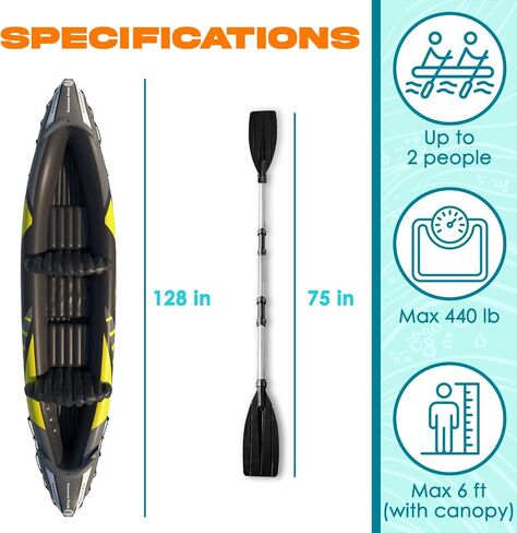 KP Inflatable Kayak 2 Person with Sun Canopy (Detachable) + Kayaks for Adults + 3rd Seat for Dog/Child + Waterproof Phone Bags + Adjustable Seats + Kayak + Backrests & More + New 2024 + Yellow Green in Saudi Arabia