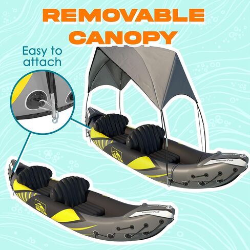 KP Inflatable Kayak 2 Person with Sun Canopy (Detachable) + Kayaks for Adults + 3rd Seat for Dog/Child + Waterproof Phone Bags + Adjustable Seats + Kayak + Backrests & More + New 2024 + Yellow Green in Saudi Arabia