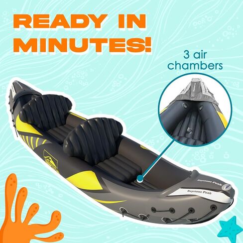 KP Inflatable Kayak 2 Person with Sun Canopy (Detachable) + Kayaks for Adults + 3rd Seat for Dog/Child + Waterproof Phone Bags + Adjustable Seats + Kayak + Backrests & More + New 2024 + Yellow Green in Saudi Arabia