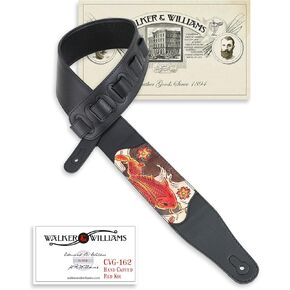Walker & Williams CVG-162 Black Padded Guitar Strap with Hand Tooled Red And Brown Koi Fish Design