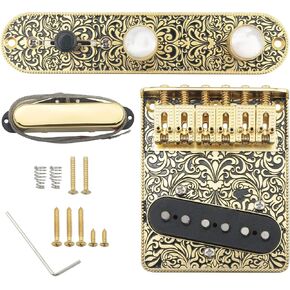 Swhmc Retro Tele Pickup Set 6 سلاسل لوحة جسر السرج 3 طريقة تبديل لوحة التحكم في مستوى الصوت لوحة قطع غيار الجيتارات الكهربائية - أسود