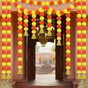 10 Pcs Marigold Diwali Garland with Golden Bells for Door Decoration Wedding 5 Feet Artificial Marigold Door Toran Long Marigold Flowers Orange Yellow Flower Garland Indian Decor for Pooja