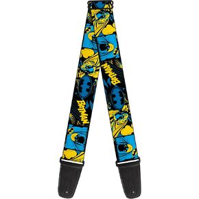 Buckle-Down DC Comics Guitar Strap, Batman Poses and Logo Collage Black Blue Yellow, 2 Inches Wide