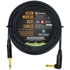 WORLDS BEST CABLES 30 Foot - Gotham GAC-1 Ultra Pro - Premium Low-Cap (21 pf/F) Guitar Bass Instrument Cable – w/Neutrik Gold Straight to Angled ¼ inch (6.35mm) TS Connectors - Custom Made