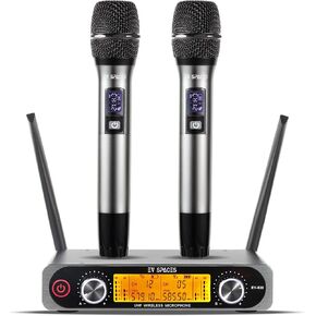 UHF Wireless Microphone System with Dual Metal Handheld Mics – 260ft Range, Professional Cordless Dynamic Mic Set for Home Karaoke, Church, DJ, Party, Wedding, Meeting, KTV, PA System (Silver)