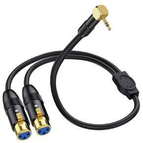 XLR to 3.5mm Y Splitter Cable, Right Angle 90Deg 3.5mm Mini Jack Stereo Male to 2 XLR Female Microphone Connector, 1/8 inch TRS to Dual XLR Female Cord for Laptop, Camera, Sound, DV (50 cm)