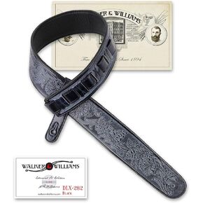 Walker & Williams DLX-282 Handmade Brushed Black Padded Guitar Strap with Embossed Tooling For Acoustic, Electric, And Bass Guitars