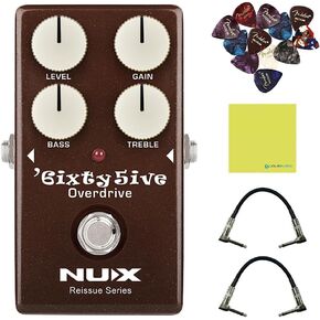 NUX 6ixty5ive Overdrive Effect Pedal Bundle w/2x Strukture S6P48 Woven Right Angle Patch Cables, 12x Guitar Picks and Liquid Audio Polishing Cloth