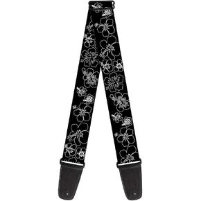 Guitar Strap Hibiscus Outline Black White 2 Inches Wide