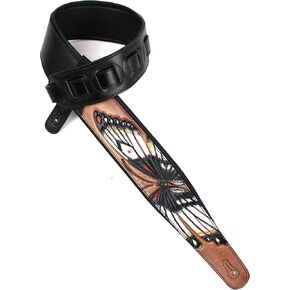 Walker and Williams KB-58 Large White Butterfly Carving On Padded Black Guitar Strap Hand Carved On Premium Tan Carving Leather for Acoustic, Electric, and Bass Guitars