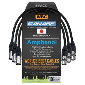 WORLDS BEST CABLES 3 Units - 1 Foot - Canare L-4E6S, Star Quad Balanced Male to Female Microphone Cables with Amphenol AX3M & AX3F Silver XLR Connectors - Custom Made