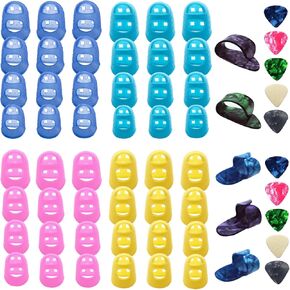 48Pcs Guitar Finger Protector Guitar Fingertip Protectors 4 Sizes Silicone Finger Guards Cover 5Pcs Thumb and forefinger picks for Ukulele Electric Guitar and10 Guitar Picks
