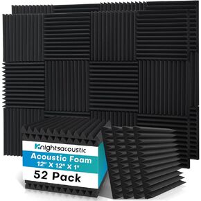 52 Pack Acoustic Foam Panels, 1 X 12 X 12 Inches Sound Proof Foam Panels for Walls, High Density Acoustic Panels Sound Absorbing, Black Noise Cancelling Studio Wedges