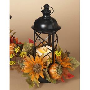 One Holiday Way 15.5-Inch Rustic Black Metal Thanksgiving Lantern Light Up LED Candle Holder w/ Timer, Fall Leaves, Pumpkin, Floral Accents – Decorative Hanging or Tabletop Autumn Home Decor (Red)
