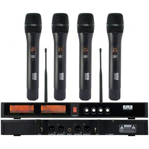 EMB EMIC2500 Wireless Microphone System 4-Channel UHF Cordless Mic Set with Four Handheld Mics, All Metal Build, Fixed Frequency, Long Range 260ft, Ideal for Church, Karaoke, Weddings, Events