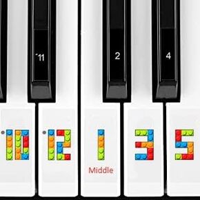 Numbered Piano Keyboard Stickers in Building Blocks Design with 4 Easy to Play Beginner Songs.
