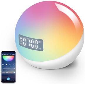 Smart Light Alarm Clock with 20+ Colors, 12 Sounds, 4 Alarms, Sunrise Wake-Up, Snooze, Sleep Timer, Night Light, App Control, LED Mood Lights,Table Lamp Clock