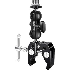 Microphone Holder Camera Clamp with Double Ball Head Magic Arm and 5/8" Microphone Screw for Microphones - Max Load 4.4lb / 2kg - 5 x 1/4" and 3/8" Threaded Holes