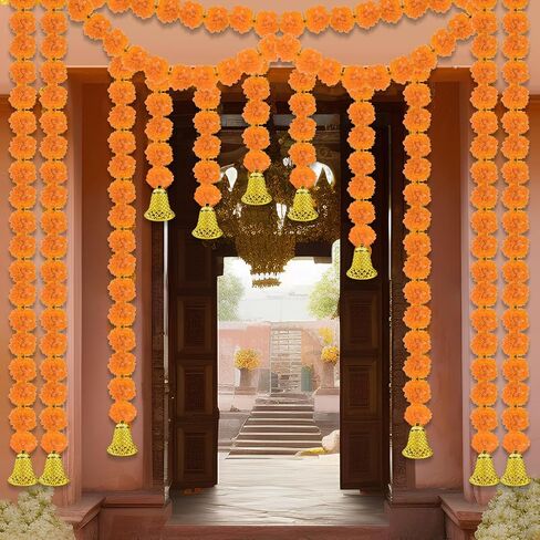 10 Pcs Marigold Diwali Garland with Golden Bells for Door Decoration Wedding 5 Feet Artificial Marigold Door Toran Long Marigold Flowers Orange Yellow Flower Garland Indian Decor for Pooja in Saudi Arabia
