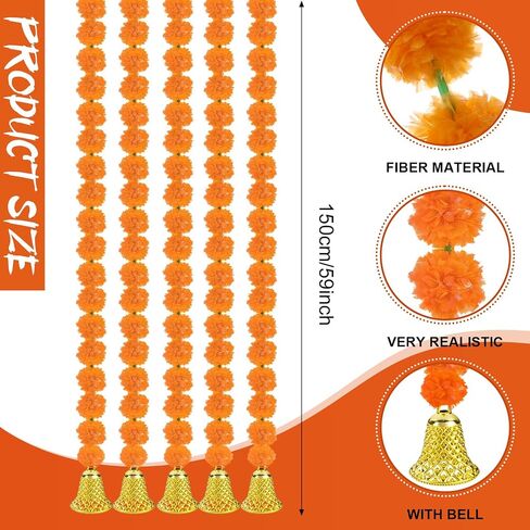 10 Pcs Marigold Diwali Garland with Golden Bells for Door Decoration Wedding 5 Feet Artificial Marigold Door Toran Long Marigold Flowers Orange Yellow Flower Garland Indian Decor for Pooja in Saudi Arabia
