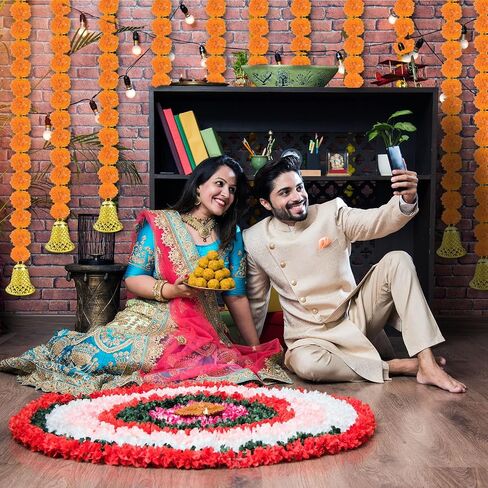 10 Pcs Marigold Diwali Garland with Golden Bells for Door Decoration Wedding 5 Feet Artificial Marigold Door Toran Long Marigold Flowers Orange Yellow Flower Garland Indian Decor for Pooja in Saudi Arabia